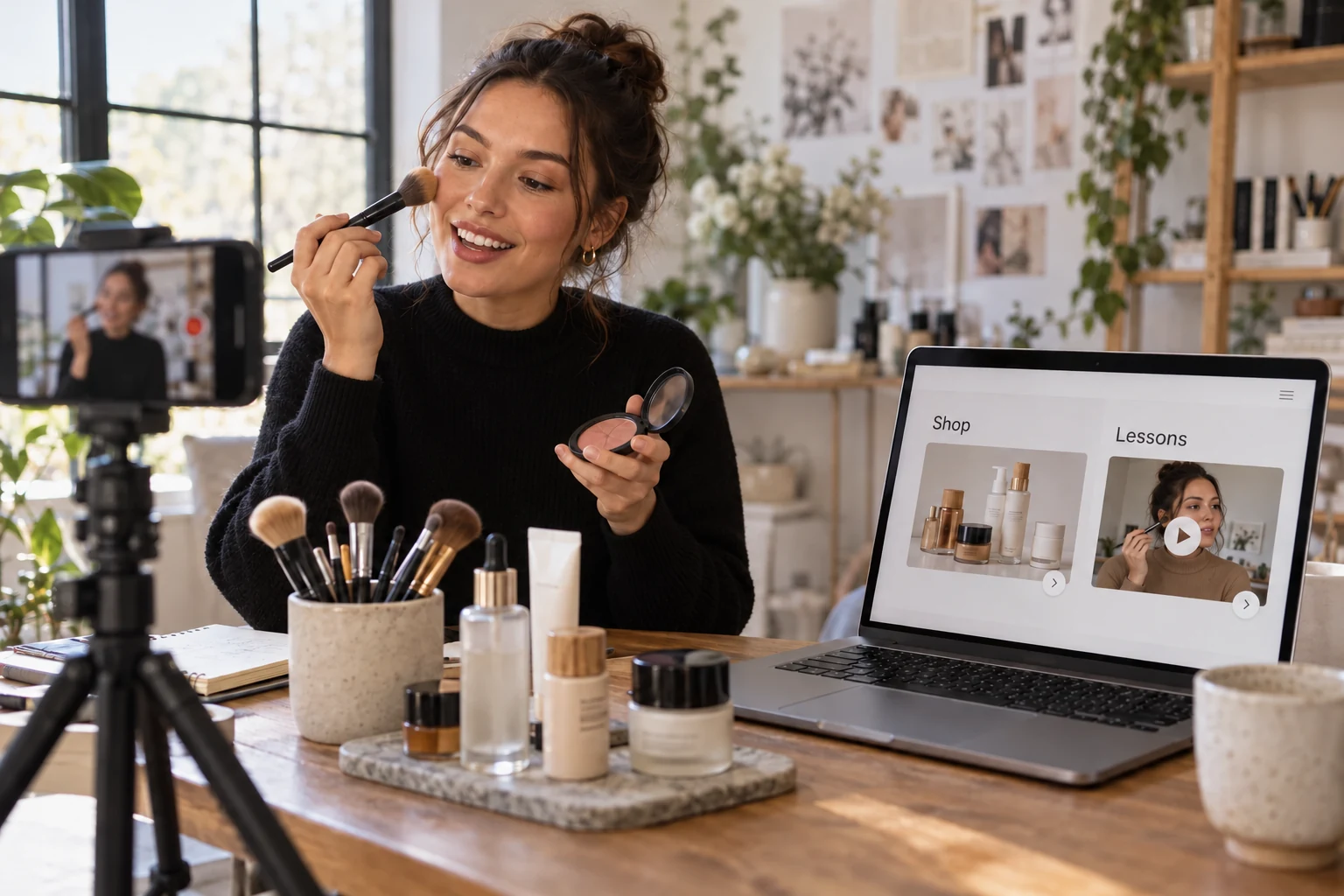 Illustrative scene: Beauty educator filming a lesson alongside a product and course platform