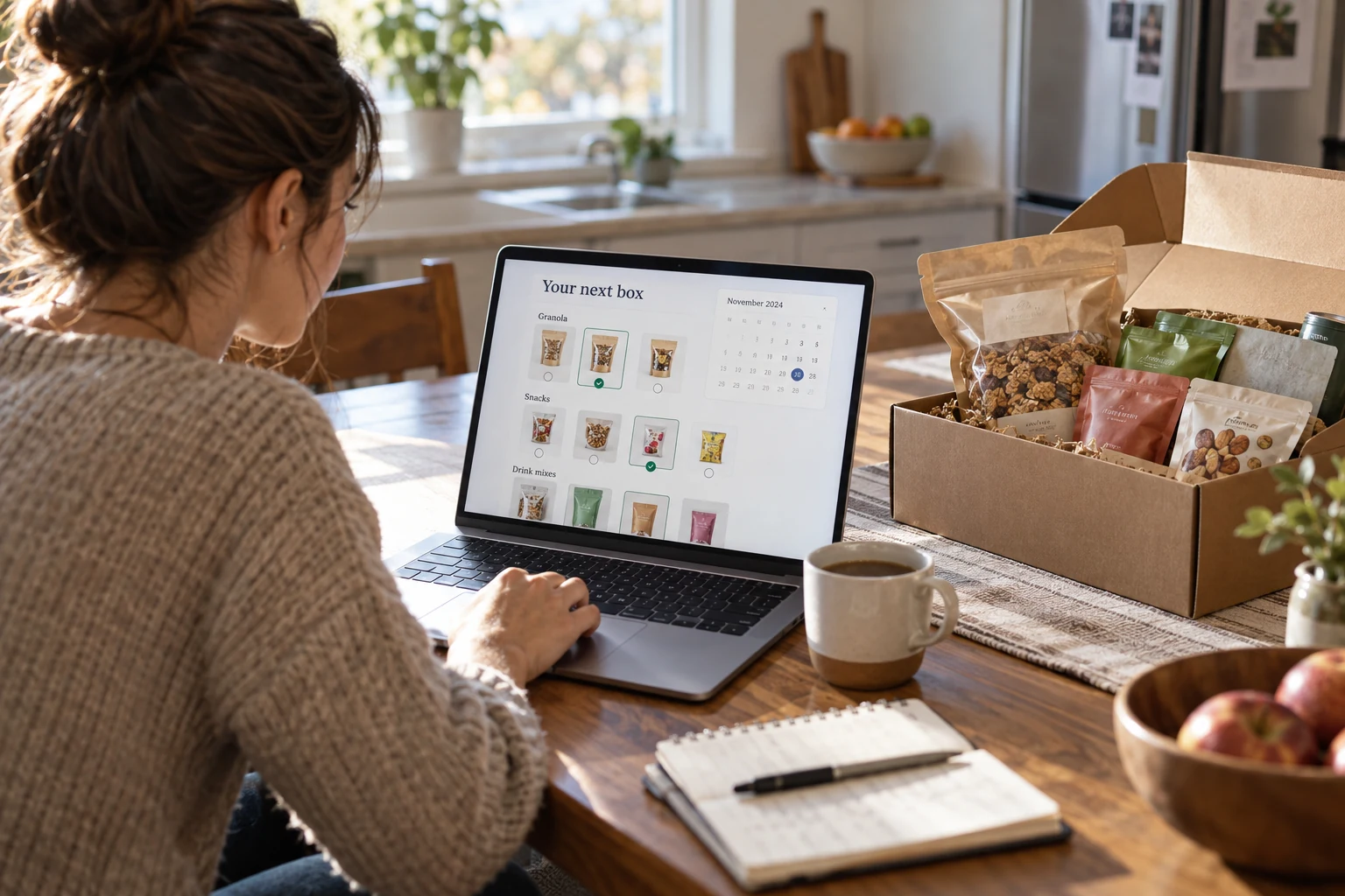 Illustrative scene: Subscriber choosing products for an upcoming nutrition box