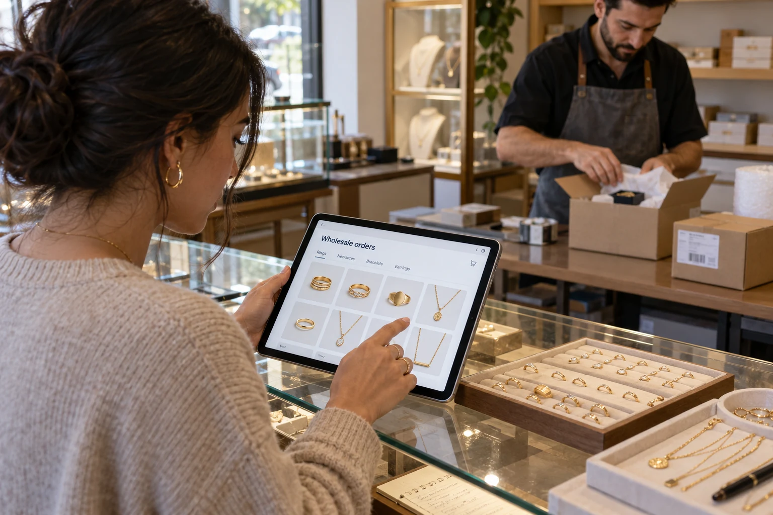 Illustrative scene: Jewelry retailer browsing a wholesale catalog with supplier fulfillment