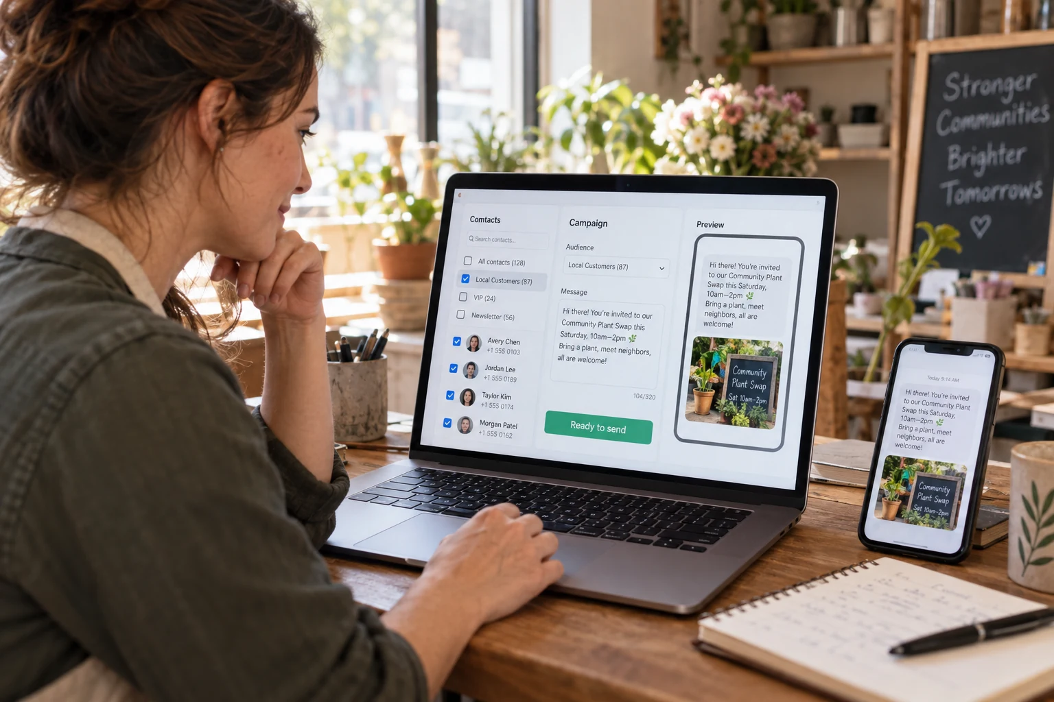 Illustrative scene: Business owner preparing a text campaign and reviewing its message