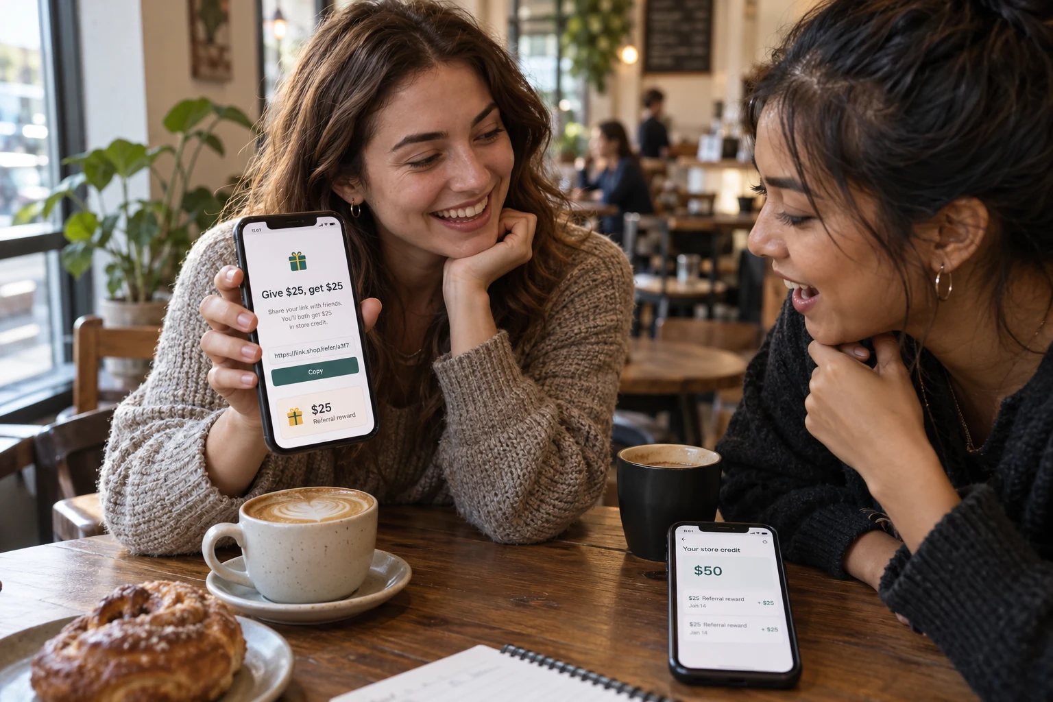 Illustrative scene: Friends sharing a referral offer and store-credit rewards
