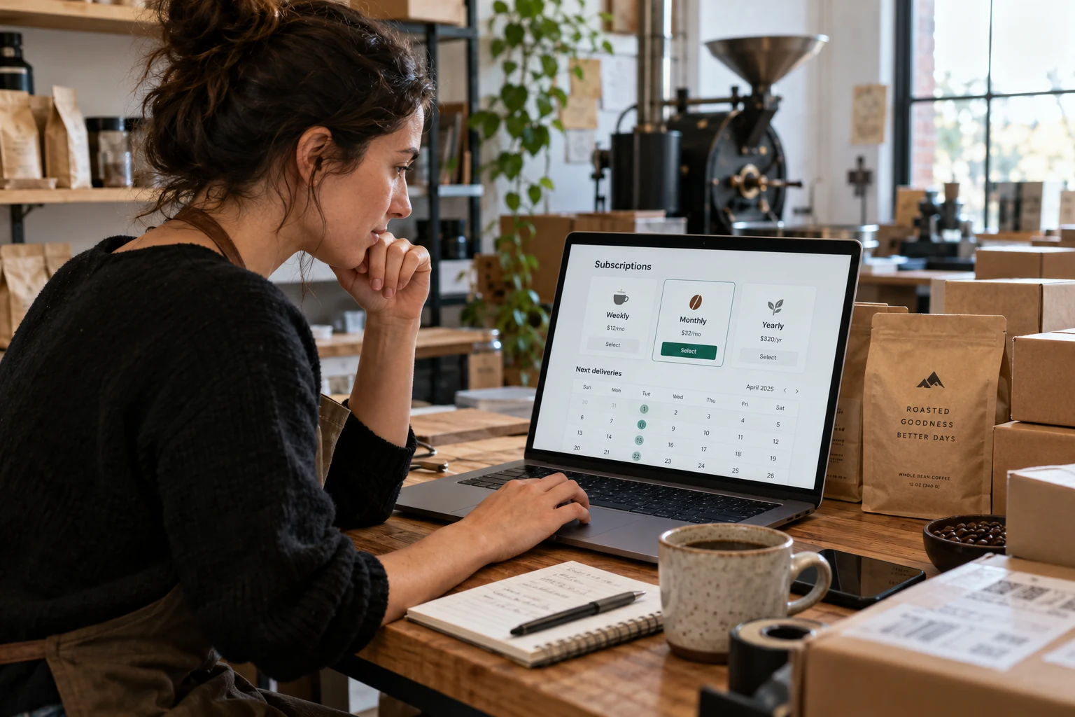 Illustrative scene: Coffee merchant managing subscription plans and recurring deliveries