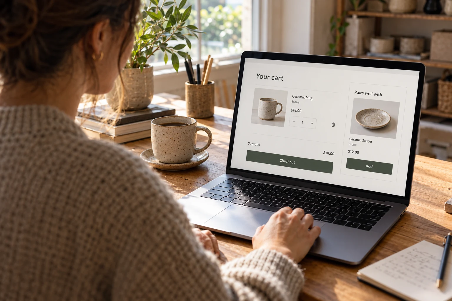 Illustrative scene: Merchant reviewing complementary product recommendations in an online cart